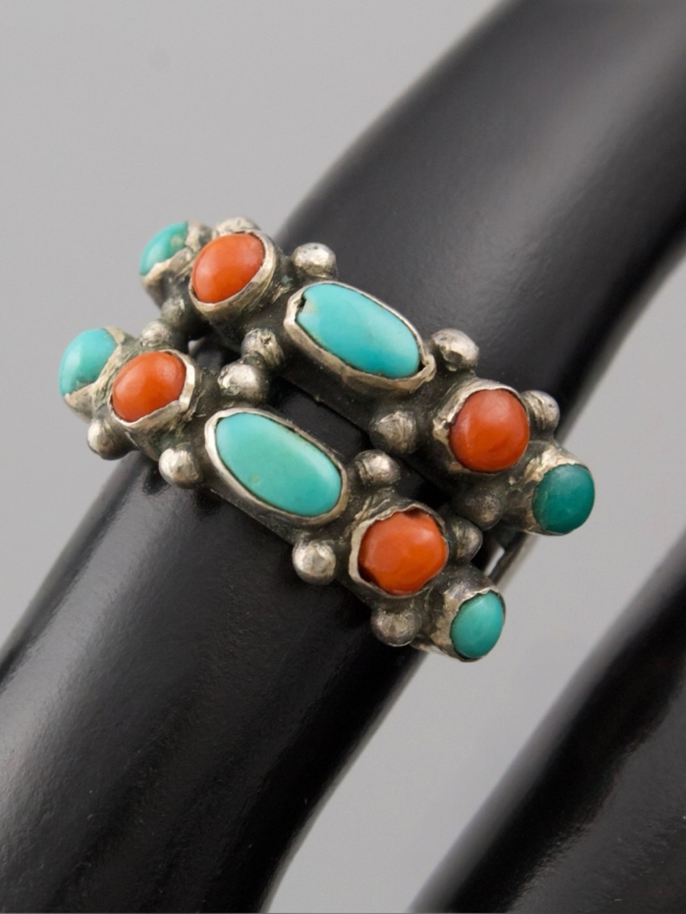 Vintage Native American Turquoise and Coral Sterling Silver Ring Size 6.5